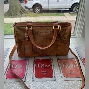 Alviero Martini Vintage Mini Boston Handbag/crossbody Map Pattern Leather Brown.